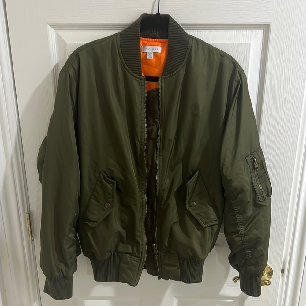 Topshop Khaki Bomber Jacket with Orange Lining